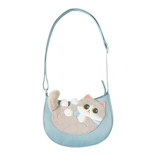 MEWJI妙吉猫原创可爱猫咪图案小尾巴包浅蓝色毛绒刺绣斜挎包女包