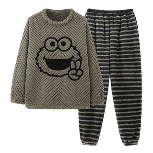 秋冬季男士珊瑚绒睡衣加厚加绒青少年学生加大码法兰绒家居服套装