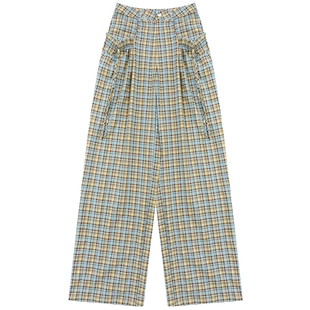 ziziFei夏季美式复古设计感小众直高腰显瘦筒阔腿格子休闲长裤女