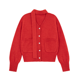 「MISAZ」系带装饰 口袋V领小开衫 内搭套头毛衣 浆果红/白杏色