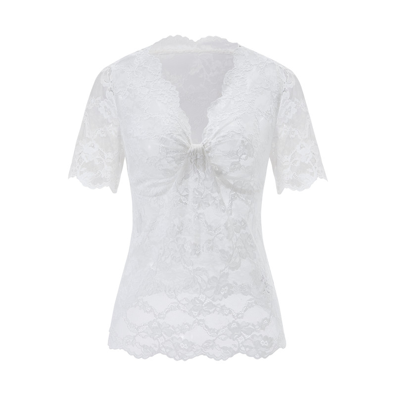 KUNSWEAR/琨丝薇尔26SU V 领扭结设计修身夏款女装蕾丝短袖上衣