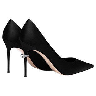 【一生一世】JOOC玖诗新款真丝婚鞋尖头红色黑色细高跟鞋正装女鞋