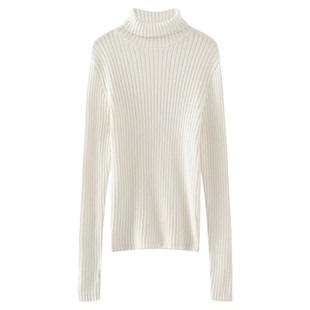 BM堆堆领高领打底衫 简约米白色修身坑条纹秋冬内搭上衣百搭毛衣