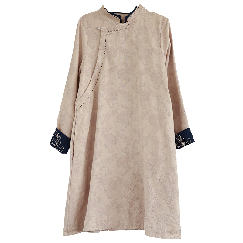 复古民国风亚麻棉提花刺绣衬衫女秋季中长款立领上衣长袖宽松茶服