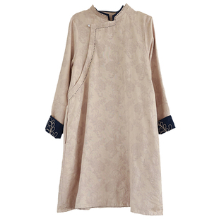 复古民国风亚麻棉提花刺绣衬衫女秋季中长款立领上衣长袖宽松茶服