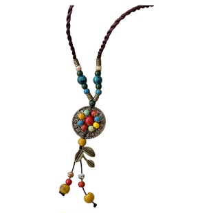 波西米亚彩色陶瓷串珠项链女复古民族风长款挂绳小众设计海边配饰