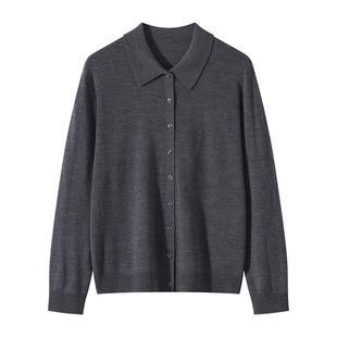 精纺扬子纱100%纯羊毛开衫女26春季正肩POLO领宽松长袖高端针织衫