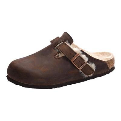 Devo/的沃软木拖鞋包头加毛加绒保暖半包半拖休闲外穿冬女鞋66001