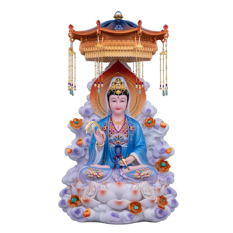 康盛汉白玉彩绘娑婆三圣佛像摆件