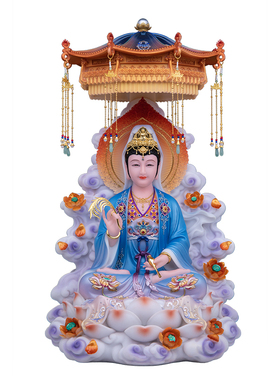 康盛汉白玉彩绘娑婆三圣佛像摆件