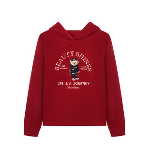 枫竺新年红色小熊刺绣连帽摇粒绒卫衣女秋冬2025新款内搭套头上衣