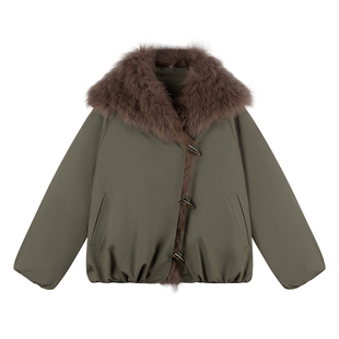 大毛领派克羽绒服女短款2025年冬季新款宽松牛角扣白鸭绒保暖外套