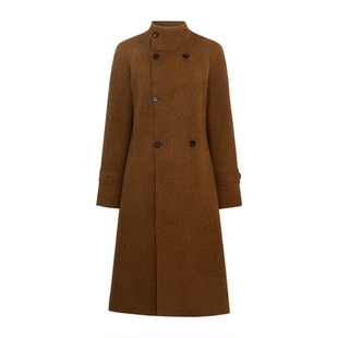 2025秋冬兔绒毛呢外套中长款呢子立领修身系带双排扣羊毛呢大衣