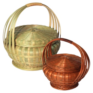 竹编手提篮带盖拜财神篮竹青拜神供奉篮复古结婚喜庆拜拜箩礼品篮