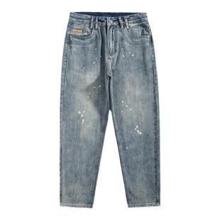 ins泼墨牛仔裤男 大码青年复古宽松锥形裤子男款秋季小脚休闲男裤