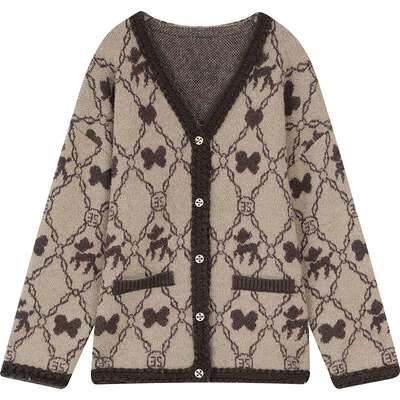 妖精的口袋老花咖色毛衣外套