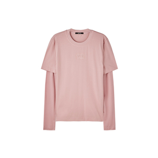 U/TI圆领粉色假两件T恤女 拼接简约棉感休闲上衣尤缇2025秋季新款