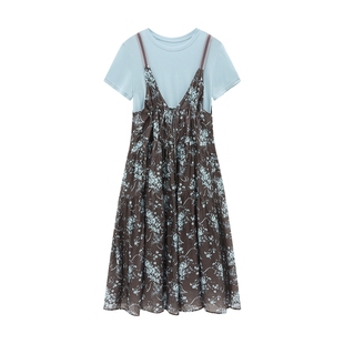 Basic House/百家好时尚套装碎花吊带连衣裙夏季短袖上衣两件套女