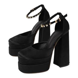 欧美时尚中空尖头防水台超高跟鞋绸缎恨天高包头一字带粗跟凉鞋女