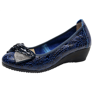 正品上海花牌女鞋真皮圆头坡跟单鞋中跟女皮鞋春秋防滑软底妈妈鞋