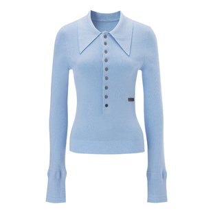 EVAOUXIU羊毛针织衫2026年春新商场同款尖领蓝色polo衫打底毛衣女