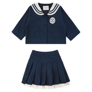幼悠女童2026春季新款海军翻领外套花边百褶裙时尚儿童学院风套装