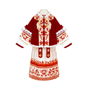 鹤猫[平安喜乐]新款冬季加绒新年拜年服红色女童汉服马面裙套装