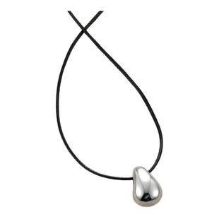 极简水滴金属吊坠黑皮绳项链女长款可调节冷淡风秋冬毛衣链配饰品