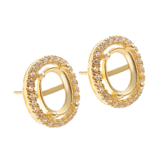 925纯银日韩戴妃款耳钉diy配件 镶嵌钻托椭圆形18K金耳环空托配饰