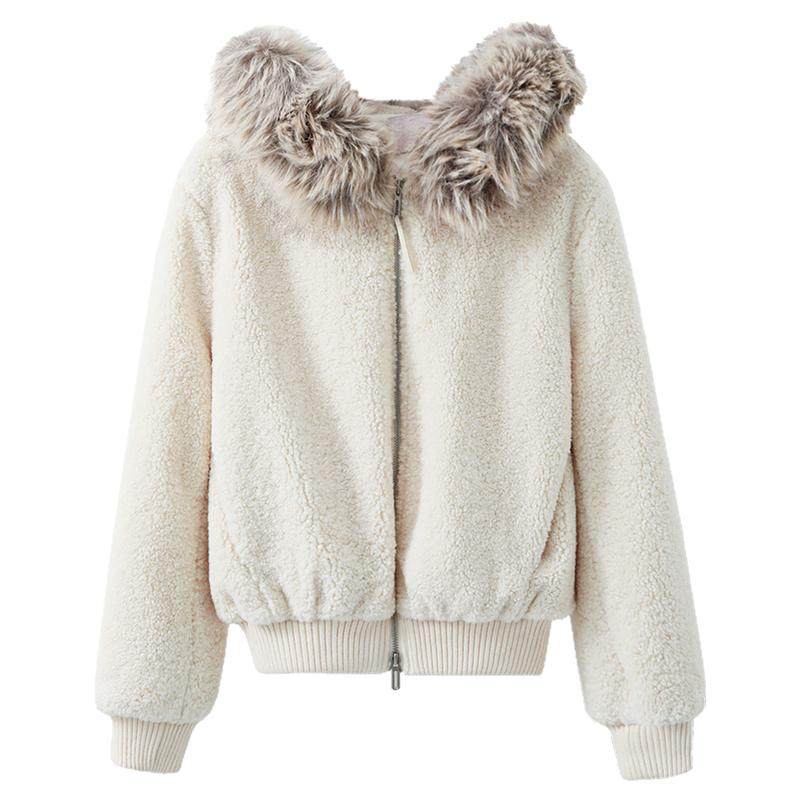 夕蒙2025新款冬季韩系绝美小个子独特羊羔毛杏色毛领连帽毛绒外套