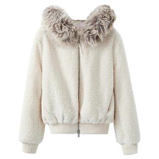 夕蒙2025新款冬季韩系绝美小个子独特羊羔毛杏色毛领连帽毛绒外套