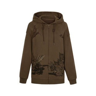 XG雪歌XJ401050A309新中式印花短外套时尚冬季新款连帽长袖外套女