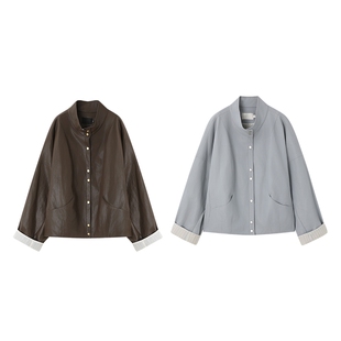 时然大码女装立领皮衣外套2026春季新款胖mm休闲百搭通勤夹克上衣