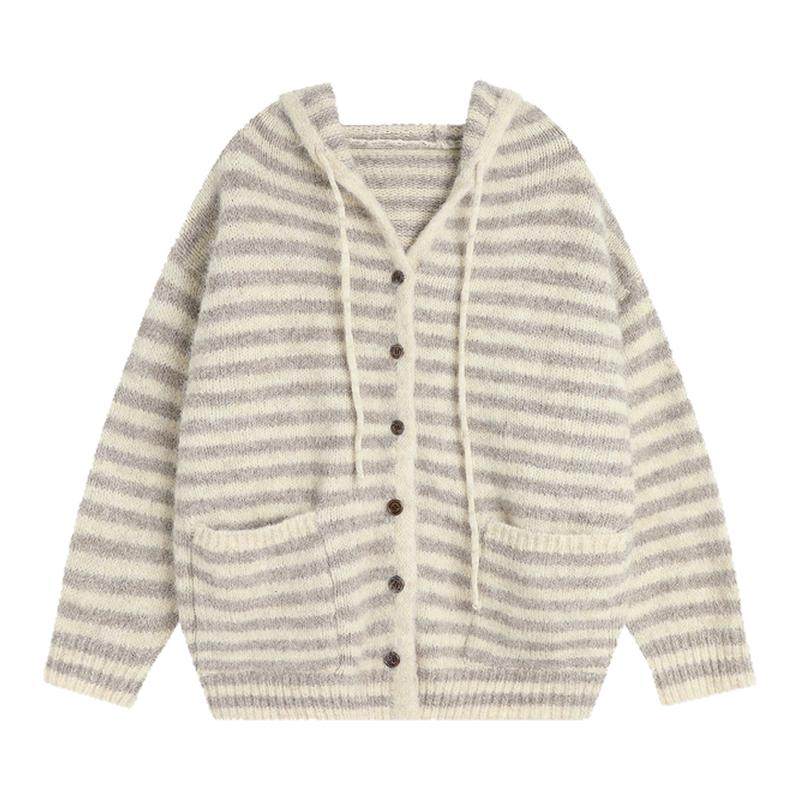 INSstudios 国潮牌美式「混织条纹纱连帽毛衣」宽松针织开衫外套