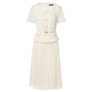 La Koradior拉珂蒂通勤简约钉珠收腰优雅气质法式复古A字裙连衣裙