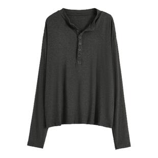 gagaopt纯色长袖纽扣半开领T恤女春季新款设计感宽松打底衫上衣潮
