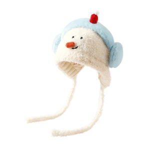 可爱小雪人针织帽子女大头围毛绒帽保暖毛线帽冬季护耳套头雷锋帽