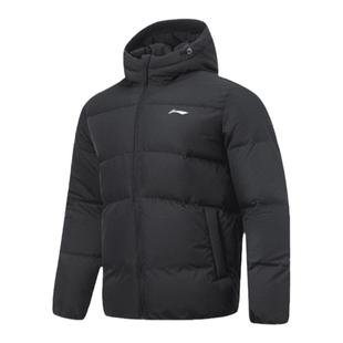 李宁健身系列鸭绒保暖防风纯色连帽运动羽绒服 男款黑色AYMT061-1