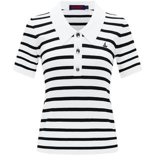Navigare意大利小帆船黑色条纹针织Polo衫女夏季新款休闲短袖T恤