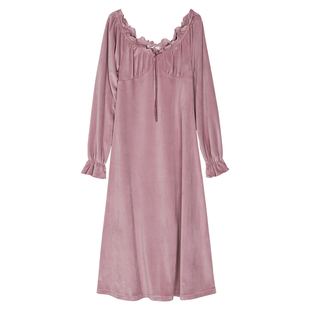 冬季丝绒睡衣女性感睡裙冬天女款长袖睡袍法兰绒秋冬长款家居服冬