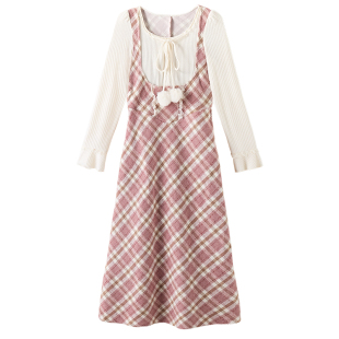 织物猪 绒球甜心 粉色假两件格纹连衣裙女秋冬内搭甜美气质长裙子