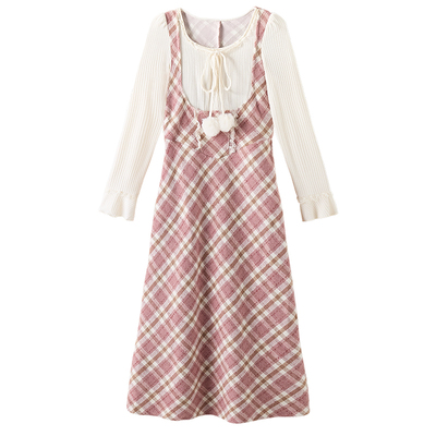 织物猪 绒球甜心 粉色假两件格纹连衣裙女秋冬内搭甜美气质长裙子