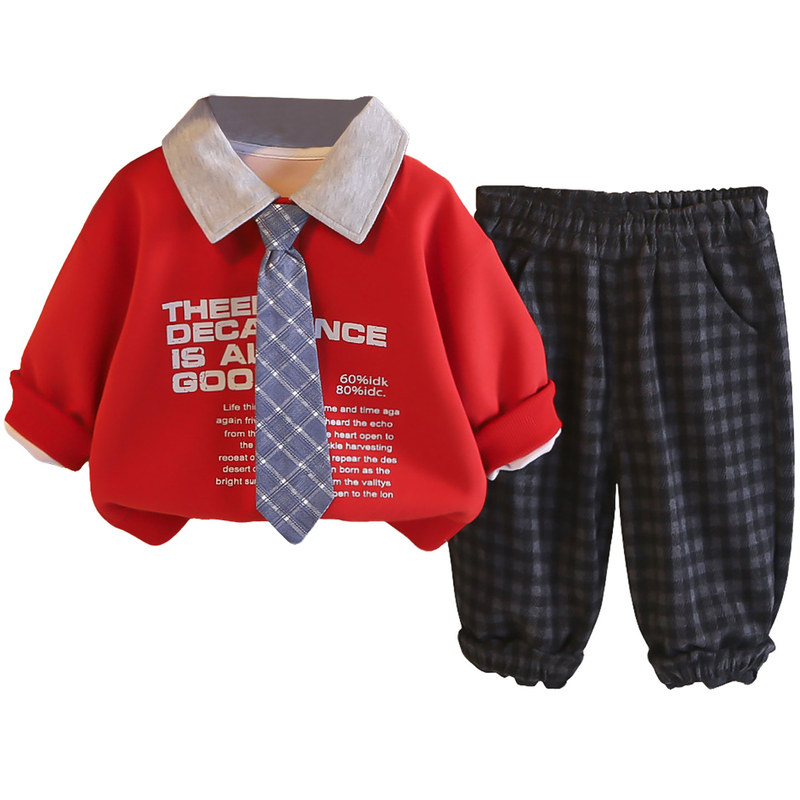 2026新款男童春秋学院风领带polo卫衣两件套装小男孩宝宝帅气衣服