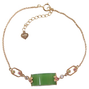 五一活动天然和田玉手牌女菠菜绿碧玉拱型镶嵌18k金手链a货送妈妈