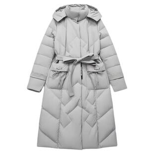 过膝长款羽绒服女连帽冬季气质收腰带高级感白鸭绒加厚显瘦羽绒服