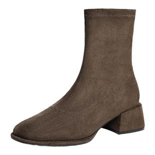 红蜻蜓瘦瘦靴女靴子秋冬新款时装女靴单靴绒面黑色短靴气质弹力靴