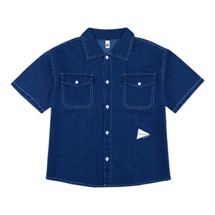 男童牛仔短袖衬衫水洗棉蓝色翻领衬衣夏季女童中大儿童复古上衣潮