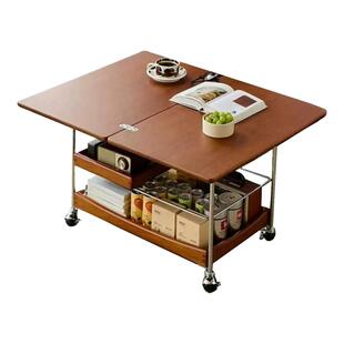 NCC实木茶几家用客厅小推车中古风小户型可移动折叠沙发边几柜