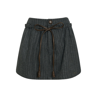 Liilou 26ss 50羊毛 垂坠感 条纹呢子撞色皮绳花苞A字短款半裙