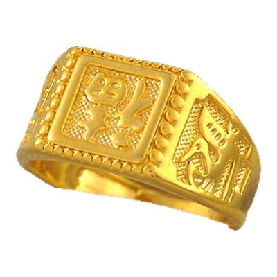 送男友镀24K金色福字戒指男开口老板仿真黄金方戒招财转运社会哥